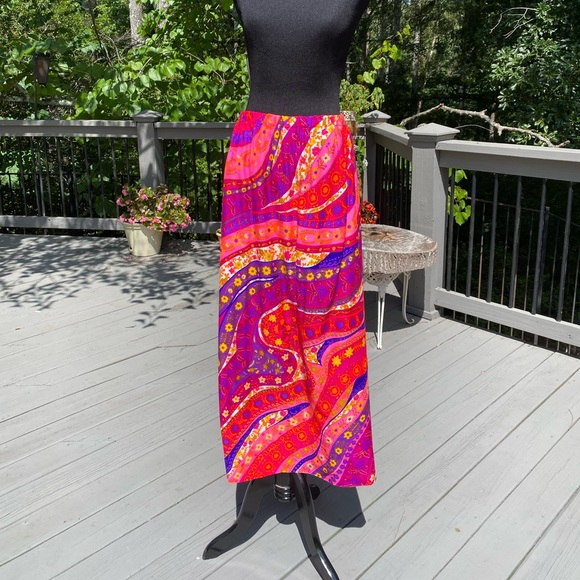 Vintage Dresses & Skirts - Vintage 60s Barkcloth Psychedelic Flower Power Tike Mad Men Neon MaxiSkirt